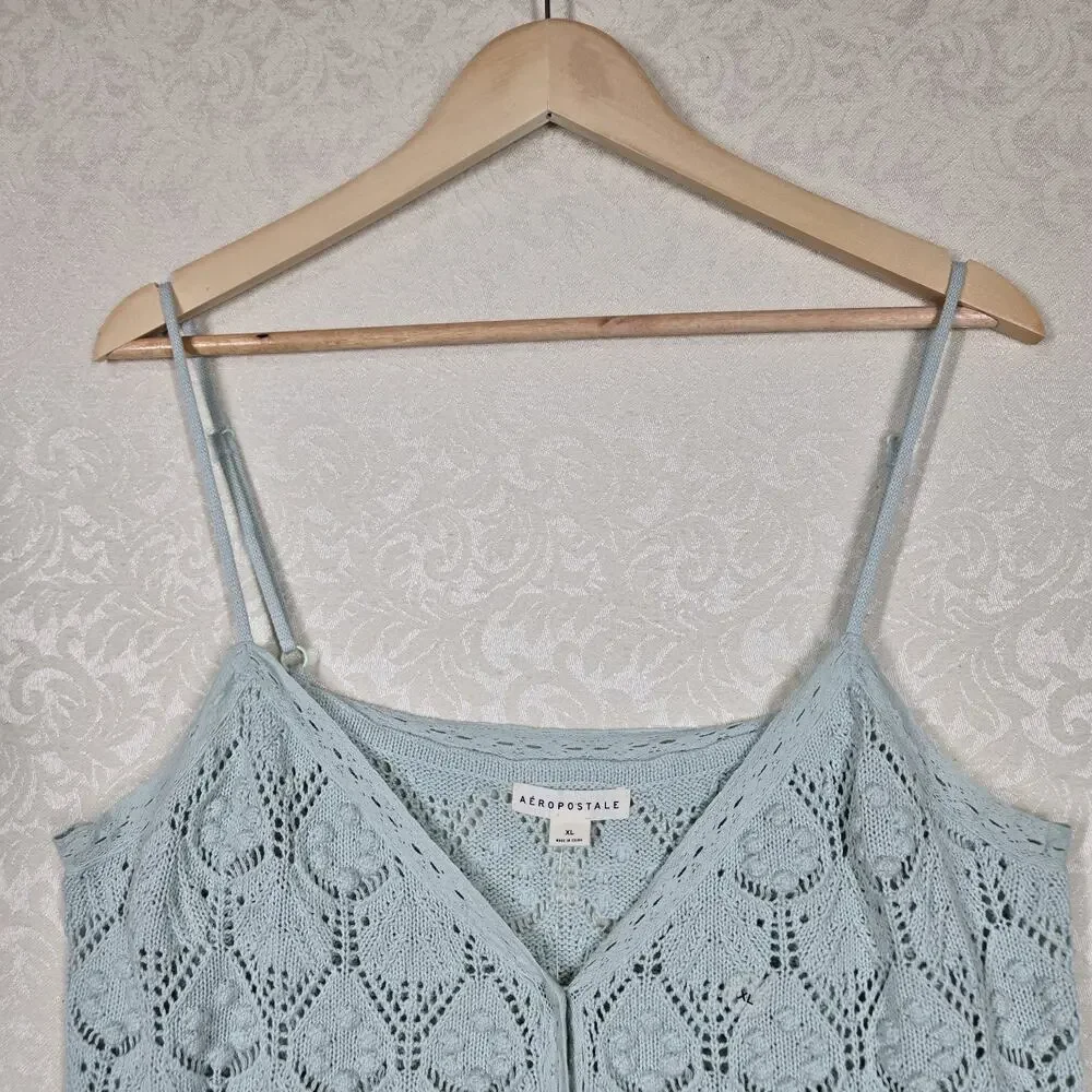 Aéropostale Crochet Tank XL Aqua Knit Cami Button Front Coquette Soft Girl - Picture 2 of 12